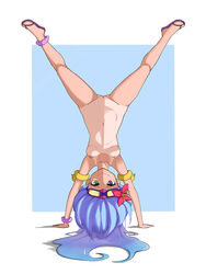 1girls armpits blue_background blue_hair breasts closed_mouth collarbone female flip-flops floaties flower full_body gluteal_fold goggles goggles_on_head green_eyes hair_flower hair_ornament handstand heterochromia hibiscus inu_(100158312) league_of_legends long_hair looking_at_viewer naked_footwear naked_sandals navel nipples nude one-piece_tan open_toe_shoes pool_party_series pool_party_zoe purple-framed_eyewear purple_eyes purple_footwear purple_scrunchie pussy riot_games sandals scrunchie small_breasts smile solo spread_legs stomach tan tanline toes two-tone_background wrist_scrunchie zoe_(league_of_legends)