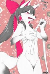 animalization artist_request black_hair furry long_hair multi_nipple nipples red_eyes reimu_hakurei touhou wolf