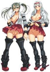 2girls armor armored_boots ass_visible_through_thighs blush boots breasts cleavage cleft_of_venus cosine green_eyes grey_hair hair_ribbon hairband hakama highres japanese_clothes kantai_collection kimono kimono_skirt large_breasts long_hair looking_at_viewer multiple_girls nipples no_panties open_clothes purple_eyes pussy ribbon shoukaku_(kantai_collection) silver_hair smile thigh_boots thighhighs tied_hair transparent_background twintails uncensored white_ribbon zuikaku_(kantai_collection)