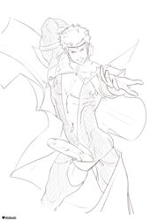 1boy abs armor bara dizdoodz erection fire_emblem fire_emblem_fates gloves looking_at_viewer male male_only monochrome muscle muscles odin_(fire_emblem) owain_(fire_emblem) pecs penis sketch smirk solo solo_male testicles undressing white_background