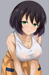 black_hair blush breasts cleavage dark-skinned_female dark_skin female girls_und_panzer green_eyes hoshino_(girls_und_panzer) jumpsuit kuragari large_breasts nipples no_bra pointy_chin see-through short_hair smile solo sweat tank_top