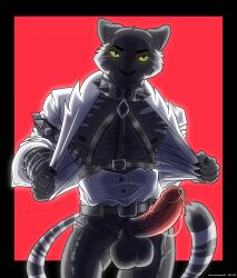 abs anthro aroused balls belt big_balls big_penis bodily_fluids clothed clothing dripping erection felid feline flashing fly_open furryscorpion90 genital_fluids genitals glistening half_naked harness hi_res huge_balls leaking_precum leather leather_clothing leather_daddy leather_harness long_penis lust lustful_gaze male mammal open_clothing open_shirt open_topwear pantherine pecs penis pinup pose precum precum_drip shirt solo stripes teasing thick_penis tiger tight_clothing topwear undressing unzipped unzipped_pants vein veiny_penis zipper