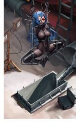 absurdres arms_behind_back ball_gag black_thighhighs bodysuit bondage bound breasts collar concrete covered_navel crane_(machine) dildo execution female full_body gag gag_harness gagged highres immobilization impossible_bodysuit impossible_clothes kumachi_(aikawaakeya) latex latex_bodysuit latex_thighhighs long_hair looking_to_the_side medium_breasts nipple_penetration object_insertion original restrained separated_legs sex_toy shibarikini skin_tight solo stomach stuck suspension thighhighs vaginal_object_insertion vaginal_penetration very_long_hair yellow_eyes