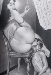anilingus big_ass big_butt black_and_white bondage bubble_butt bubble_butt_(female) dominant dominant_female domination facesitting fat_ass fat_butt feet fetish humiliation humiliation_fetish japanese_text licking_anus licking_ass namio_harukawa rimming smoking smoking_cigarette submissive_male vintage