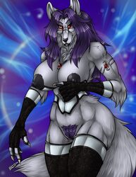 2016 anthro areola armwear big_breasts black_nose blue_background breasts canine claws clothed clothing corset english_text female fenrir_lunaris fur grey_fur hair huge_breasts jewelry legwear long_hair looking_at_viewer mammal necklace nipples partially_nude pubes purple_fur purple_hair pussy red_eyes sericyon_lunaris signature simple_background text tuft white_claws wide_hips wolf