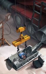 absurdres arms_behind_back ball_gag bodysuit bondage bound concrete crane_(machine) crying crying_with_eyes_open execution female gag gag_harness gagged highres immobilization impossible_bodysuit impossible_clothes kumachi_(aikawaakeya) latex latex_bodysuit long_hair looking_up original remote_control_vibrator restrained saliva_drip sex_toy solo stuck suspension tears very_long_hair vibrator yellow_eyes