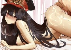 1boy1girl areolae back_arch bed black_hair cum doggy_style fate/grand_order fate/type_redline fate_(series) hat heart-shaped_pupils heart_eyes long_hair nipples oda_nobunaga_(avenger)_(fate) oda_nobunaga_(fate) vaginal_sex