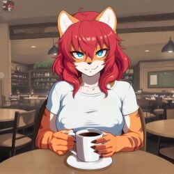 ai_generated anthro blue_eyes brown_markings coffee coffee_cup coffee_mug coffee_shop countershading dating feline female furry indoors large_breasts looking_at_viewer medium_hair nipple_bulge nipple_outline no_bra pov_across_table red_hair sitting_at_table solo tight_shirt tshirt wavy_hair white_shirt zorkpics