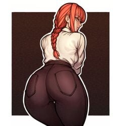 absurdres ass ass_focus border braid brown_background brown_pants chainsaw_man closed_mouth collared_shirt female from_behind high-waist_pants highres leaning_forward long_sleeves looking_at_viewer looking_back makima_(chainsaw_man) outline outside_border pants red_hair red_lips redteneri ringed_eyes shirt shirt_tucked_in single_braid solo thick_thighs thighs white_border white_outline white_shirt yellow_eyes