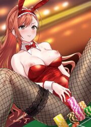 arisugawa_natsuha bare_arms big_breasts blush breasts breasts_out brown_eyes bunny_ears bunnysuit collarbone detached_collar earrings fishnet_pantyhose fishnets frilled_thigh_strap idolmaster idolmaster_shiny_colors indoors leotard nail_polish nipples orange_hair pantyhose parted_lips red_leotard red_nails shiny_skin sitting spread_legs sweatdrop tamagomikan thigh_strap thighs wrist_cuffs