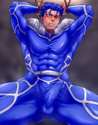 blue_hair blush bulge cu_chulainn_(fate) fate/grand_order fate/stay_night fate_(series) male_only muscle pecs penis restrained rope solo sweat testicles