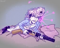 absurd_res contrast cumming_in_air cumming_on_weapon cute_artstyle female_artist gray_background harvey_harvington heart_symbol hearts_around human_expenditure_program human_male hunting_rifle lying_on_bed mp-27 no_ai orgasm pastel_colors risobase risobase_did_this strange tagme unusual weapon weapon_rubbed weird