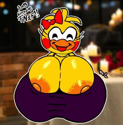 2025 2d 2d_(artwork) 2d_artwork agentpman1 areola areolae avian big_breasts bird bird_girl bow bow_(disambiguation) bow_on_head breasts bust busty busty_female chica_(fnaf) chica_(ftf) chicken chicken_girl cleavage digital_art digital_drawing_(artwork) digital_media_(artwork) dress fazbear_toddler_fun five_nights_at_freddy's galliform gallus_(genus) monstorlilly nipple_bulge nipples nipples_visible_through_clothing phasianid photo_background real_background real_life_background red_cheeks tagme yellow_body yellow_feathers yellow_hair