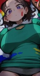 1girls adeleine aged_up alternate_breast_size_(larger) beret black_hair black_panties breasts bright_pupils closed_mouth commentary_request dot_mouth dot_nose female forehead from_above green_shirt grey_skirt hat highres hizake kashu_(hizake) kirby_(series) kirby_64 large_breasts light_blush looking_at_viewer lying miniskirt nintendo on_back paint paint_palette panties panty_peek purple_eyes red_hat shirt short_hair skirt solo underwear upskirt white_pupils