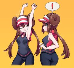 ! 2024_pokemon_teraleak absurdres armpits bare_shoulders black_shirt blue_eyes breasts brown_hair double_bun female grimmelsdathird hair_bun highres looking_at_viewer nintendo pokemon pokemon_bw2 rosa_(pokemon) shirt simple_background sleeveless sleeveless_shirt solo speech_bubble stretching sweatdrop twintails upper_body visor_cap yellow_background