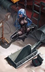 absurdres arms_behind_back ball_gag black_thighhighs bodysuit bondage bound breasts collar concrete covered_navel crane_(machine) dildo execution female full_body gag gag_harness gagged highres immobilization impossible_bodysuit impossible_clothes kumachi_(aikawaakeya) latex latex_bodysuit latex_thighhighs long_hair looking_to_the_side medium_breasts nipple_penetration original restrained separated_legs sex_toy shibarikini skin_tight solo stomach stuck suspension thighhighs very_long_hair yellow_eyes