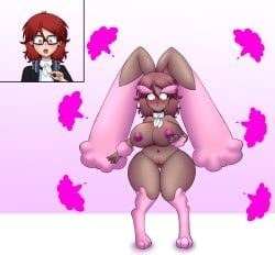 2023 anthro ass before_and_after big_breasts blush breast_expansion breasts brown_body brown_fur brown_hair butt_from_the_front digital_media_(artwork) digitigrade expansion female flybeeth fur generation_4_pokemon genitals hair hand_on_breast hi_res human human_to_anthro looking_down lopunny mammal navel nintendo nipples pink_body pink_fur pokemon pokemon_(species) red_hair shiny_pokemon short_stack simple_background solo species_transformation standing surprised transformation vulva