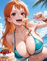 ai_generated armpits bare_shoulders beach bikini bikini_top_only birthday birthday_cake blue_sky bracelet breasts brown_eyes cake cake_slice cleavage cloud collarbone day denim earrings female food fork freckles fruit green_bikini happy_birthday holding holding_fork jewelry large_breasts long_hair looking_at_viewer nami nami_(one_piece) navel ocean one_piece open_mouth orange_hair outdoors palm_tree pearl_earrings shoulder_tattoo sky smile solo stomach strawberry sweat swimsuit tattoo teeth tree upper_body wet wumpart