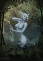 1girls bathing blizzard_entertainment blue_skin breasts deilan12 draenei draenei_shaman female highres horns long_hair nature navel nipples nude outdoors pointy_ears silver_hair smile solo tail water world_of_warcraft