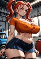 ai_generated black_skirt black_thighhighs blue_skirt blush breasts car cleavage clothing collarbone covered_nipples crop_top cropped_shirt curvy day denim denim_skirt dragon_quest dragon_quest_viii earrings female female_only huge_breasts indoors jessica_albert jewelry jousneystudio large_breasts legwear linea_alba long_hair looking_ahead microskirt midriff miniskirt motor_vehicle narrow_waist navel orange_eyes orange_hair orange_shirt parted_lips patreon pencil_skirt red_hair shirt short_sleeves skindentation skirt solo standing stomach taut_clothes taut_shirt thick_thighs thighhighs thighs tight_clothes twintails undersized_clothes wide_hips window