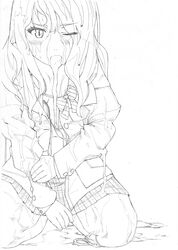 blush bra breasts brown_hair covering cum cum_in_mouth highres kneeling line_art long_hair looking_at_viewer meiz miniskirt monochrome one_eye_closed open_clothes panties panties_around_one_leg pleated_skirt school_uniform skirt slit_pupils torn_clothes underwear