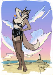 2016 alexyorim anthro beach big_breasts bra breasts clothing cloud female garter hair hi_res huge_breasts legwear lighthouse looking_at_viewer nipples panties pinup pose rule_63 seaside sky smile solo stockings underwear wardrobe_malfunction water wolfjedisamuel