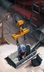 absurdres arms_behind_back ball_gag bodysuit bondage bound breasts collar concrete covered_navel crane_(machine) crying crying_with_eyes_open execution female gag gag_harness gagged highres immobilization impossible_bodysuit impossible_clothes kumachi_(aikawaakeya) latex latex_bodysuit long_hair looking_to_the_side medium_breasts nipple_penetration original restrained saliva_drip sex_toy shibarikini skin_tight solo stuck suspension tears very_long_hair yellow_eyes