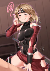 arm_guards bare_shoulders blonde_hair blush breasts censored covered_navel covered_nipples cowgirl_position cowgirl_position daikikia_9 djeeta_(granblue_fantasy) female granblue_fantasy half-closed_eyes headband highres large_breasts leotard mosaic_censoring ninja_(granblue_fantasy) orange_eyes penis pointless_censoring pussy pussy_juice sex short_hair smile solo_focus straddling sweat tongue tongue_out torn_clothes torn_leotard