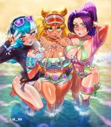 3girls absurdres animal_ears barefoot beach belly blonde_hair blue_eyes blue_hair breasts commentary commission curry earrings english_commentary finger_to_mouth flower food green_eyes hand_on_another's_shoulder hand_on_own_head headphones heterochromia highres jewelry large_breasts lib_59 long_hair luna_snow luna_snow_(cool_summer) marvel marvel_rivals multicolored_hair multiple_girls navel ponytail psylocke psylocke_(breezy_butterfly) purple_hair slingshot_swimsuit squirrel_girl squirrel_girl_(marvel) squirrel_girl_(sunshine_squirrel) sunglasses swimsuit two-tone_hair v water white_hair