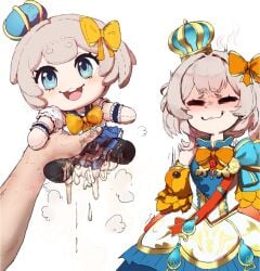 :3 =_= ^^^ after_masturbation angry animal_print blue_crown blue_dress blue_eyes blush bow bowtie character_doll closed_eyes closed_mouth crown cum cum_on_object cumdrip detached_sleeves doll dress false_smile female fish_print gold_medal goldfish_print grey_hair hairbow hashtag-only_commentary highres holding holding_doll hollowsuia marimari_(vtuber) marimari_(vtuber)_(marimari_2.0) meme orange_bow orange_bowtie phase_connect pov pov_hands puff_of_air puffy_detached_sleeves puffy_sleeves red_sash sash short_eyebrows short_hair side_ponytail simple_background smile solo_focus thick_eyebrows unconventional_artificial_vagina virtual_youtuber white_background