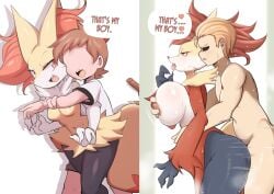 1boy 1girls anthro anthro_penetrated big_breasts braixen breasts cleavage delphox english_text female female_penetrated furry huge_breasts lemonbizate_(artist) lucyfercomic male male_on_anthro male_on_female male_penetrating male_penetrating_female nipples pokemon pokemon_(species) sex tagme thick_thighs wide_hips