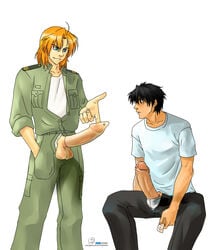 2boys blonde_hair condom erection full_metal_panic grin inmomakuro kurz_weber male_only multiple_boys penis sousuke_sagara testicles undressing white_background yaoi