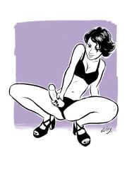 1girls 2016 black_bra black_nails breasts dark_hair dildo female female_only holding_dildo holding_strap-on human human_only light-skinned_female light_skin medium_breasts presenting_strap-on short_hair slippystuff solo squatting strap-on strap-on_dildo underwear