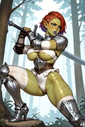 ai_generated areola areola_bulge areola_slip areolae areolae_slip armor big_lips blue_eyes breasts_squish female female_focus female_knight female_only freckles freckles_on_face high_heels holding_weapon leotard mascara mozag_(rodinsinker) navel nipples_visible_through_clothing orc orc_female original_character puffy_pussy red_hair rodinsinker solo solo_female spread_legs spreading thigh_highs thigh_squish