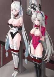 2girls arms_behind_back belly_button belly_button_visible_through_clothing big_breasts bondage bound bound_arms bound_legs breasts bunny_ears bunnysuit carlotta_(wuthering_waves) collar commonalty880 crying egg_vibrator exposed_breasts fake_animal_ears female female_only forced_orgasm hair_ornament hi_res jinhsi_(wuthering_waves) kuro_games name_tag navel navel_visible_through_clothes nipples partially_clothed partially_clothed_female pussy_juice pussy_juice_drip restrained restrained_arms restrained_legs sex_toy standing tears thighhigh_boots thighhighs thighs very_long_hair vibrator vibrator_on_nipple vibrator_on_pussy wet_pussy white_hair wuthering_waves