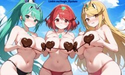 1girls 2025 3girls aegis_elysium ai-generated ai_art ai_generated ai_video animated bikini blonde_hair blush breasts breasts_bigger_than_head breasts_pressed_together chocolate chocolate_on_breasts cleavage cloud clouds day dress dripping earrings edited female female_focus food gem grabbing_breast grabbing_breasts green_eyes green_hair hair_ornament headpiece hi_res high_quality high_res high_resolution highres holding holding_breast holding_breasts huge_breasts jewelry large_breasts liquid long_hair looking_at_viewer loop looping_animation mythra mythra_(xenoblade) navel nintendo patreon patreon_username pneuma pneuma_(xenoblade) pressing_breasts pressing_breasts_together pyra pyra_(xenoblade) red_eyes red_hair sexy sky standing swept_bangs thighs tiara topless touching_breast touching_breasts trio_focus very_long_hair video watermark wet xenoblade_(series) xenoblade_chronicles_(series) xenoblade_chronicles_2 yellow_eyes