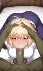 1boy 1girls ai_generated arcueid_brunestud blonde_hair blowjob blowjob_face cheating cheating_girlfriend cuckold cuckolding deepthroat fellatio goblin goblin_male green_penis green_skin head_grab huge_cock huge_testicles melty_blood monster netorare ntr red_eyes tsukihime type-moon veiny_penis