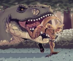 anal anal_sex anthro claws crazmax digital_media_(artwork) dinosaur duo extreme_size_difference hi_res hunter hunting imminent_vore kangaroo licking macropod male male/male male_penetrated male_penetrating male_penetrating_male mammal marsupial muscular nude open_mouth pawpads penetration predator/prey prehistoric_species reptile scalie sex size_difference tail tattoo tongue vore weapon