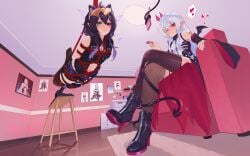 1boy absurdres anal anal_object_insertion animegao arms_behind_back bare_shoulders black_thighhighs bondage boots cosplay couch detached_sleeves eyewear_on_head female glasses grey_hair heterochromia high_heel_boots high_heels highres hogtie jianghuyemeng_(midsummer) kigurumi long_hair looking_at_viewer navel object_insertion on_couch original pointy_ears purple_hair red_eyes restrained sex_machine shibari_over_clothes shirt sitting skindentation suspension thighhighs trap white_shirt zettai_ryouiki