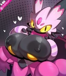 amber_sclera anthro arachnid arachnid_taur areola arthropod arthropod_abdomen arthropod_taur big_breasts black_areola black_body black_nipples breasts cleavage clothed clothing dark_areola dark_nipples deep_cleavage female heart_symbol hi_res huge_breasts looking_at_viewer nipples pal_(species) palworld pocketpair r-mk solo spider tarantriss taur