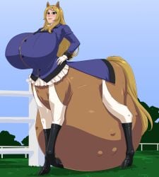 belly_movement blonde_hair blue_eyes breasts breasts_bigger_than_head brown_fur centaur clothed_taur equid_taur estelle_bellegarde female female_focus gloves hand_on_hip hooves horse_ears horse_tail huge_breasts hyper hyper_pregnant original_character outdoors pregnant pregnant_female pregnant_taur riding_outfit standing
