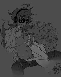 ahoge artist_upload bra button_down_shirt chance_(forsaken) elliot_(forsaken) forsaken_(roblox) glasses greyscale headphones heart holy_shit_theyre_both_almost_at_1k_posts milf_lover727 nipple_play nipple_sucking nipples nonbinary partially_clothed ponytail roblox rule_63 self_upload sunglasses undone_belt yuri