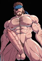 ai ai_generated bara big_boss big_penis civitai daddy dilf eyepatch gay girthy_penis hairy hairy_male headband huge_cock kneeling large_muscles large_penis male_focus male_only metal_gear_solid metal_gear_solid_3 muscular_male naked_snake scars solo_male veiny_penis
