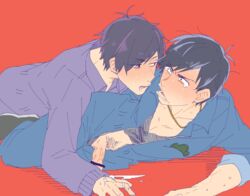 2boys bar_censor black_hair blush brothers censored drool drunk erection family gay gold_chain incest jumpsuit male male_only matsuno_ichimatsu matsuno_karamatsu multiple_boys necklace ohagi_(sigesatosin) osomatsu-kun osomatsu-san penis red_background short_hair siblings sweat sweatdrop tears undressing v-neck veiny_penis yaoi