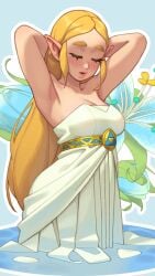 armpits arms_behind_head arms_up bare_shoulders blonde_hair blush breasts cleavage commentary english_commentary female highres jewelry long_hair official_alternate_costume official_alternate_hairstyle open_mouth pointy_ears princess_zelda rizdraws sidelocks sleeveless solo the_legend_of_zelda the_legend_of_zelda:_breath_of_the_wild thick_eyebrows thick_lips wading
