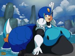 beach big_ass capcom cliff fat gellycannon in_water lying_down mega_man mega_man_8 morbidly_obese obese outdoors outside overweight splash_woman style_parody water