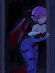 absurdres animal_print bare_shoulders bat_print bat_wings black_choker blue_pantyhose breasts bridal_gauntlets choker darkstalkers demon_girl diamond_cutout dim_lighting doorway female head_wings highres leotard lilith_(darkstalkers) o-ring o-ring_choker pantyhose print_pantyhose purple_hair red_eyes red_leotard short_hair solo watcher_hollow wings