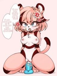 3:4 anthro blush bodily_fluids breasts digital_media_(artwork) diives dildo female fur genitals hair looking_at_viewer nipples nude penis riding_toy sex_toy simple_background solo tail text tsundere vulva xigua yourpokegal