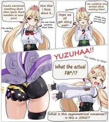 2girls ^_^ absurdres alice_thymefield anger_vein animal_ears ass black_gloves black_thighhighs blonde_hair closed_eyes closed_mouth collared_shirt commentary english_commentary english_text fingerless_gloves gloves heterochromia highres long_hair multiple_girls octopus_girl open_mouth red_eyes shirt single_thighhigh teeth tentacle tentacle_tail thighhighs twintails upper_teeth_only very_long_hair white_shirt yellow_eyes yidhari_(zenless_zone_zero) zancrowkami zenless_zone_zero