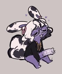 2025 animal_genitalia animal_penis anthro april_(eerieviolet) big_tail blush bottomless bottomless_gynomorph bottomless_intersex casual_erection chibi closed_eyes clothed clothing eerieviolet equine_genitalia equine_penis erection eyewear genitals glasses gynomorph gynomorph_anthro heart_symbol intersex intersex_anthro lagomorph leporid mammal mismatched_animal_penis mismatched_genitalia mismatched_penis open_mouth penis purple_blush purple_penis rabbit shirt simple_background sitting smile tail topwear